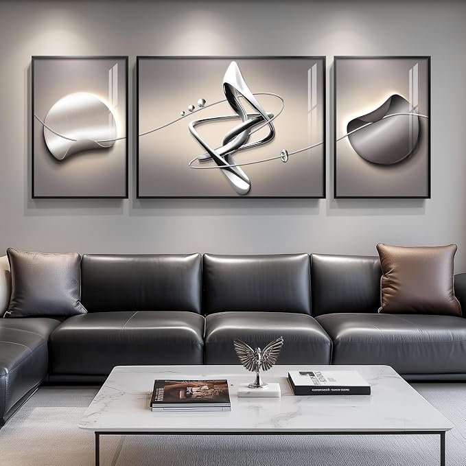 Extra Large Framed Modern Abstract Wall Art for Living Room, 3 Piece Black Grey Prints Wall Paintings Artwork for Walls, Silver Gray Luxury Wall Pictures for Hallway Entryway Foyer Stair Office Wall Decor 30x80 Inch