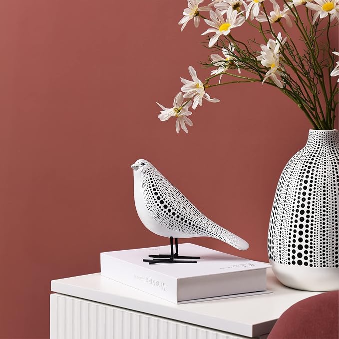 Quoowiit Bird Figurine, Modern Sculpture and Statues for Home Decor, Animal Statues for Bookshelf, Table, Entryway, Fireplace, Resin Decorative Sculpture with Chic Polka Dots Art Design (White)