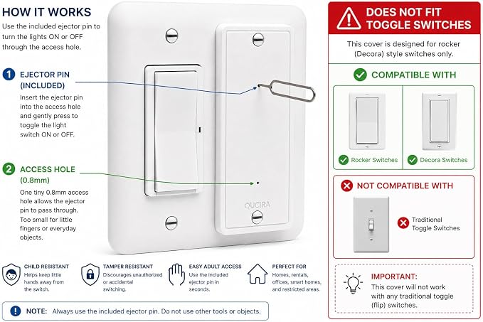 Child Proof Light Switch Cover Guard for Rocker & Decora Switches, Tamper Resistant Cover with 0.8mm Access Hole & Ejector Pin, Does Not Fit Toggle Switches