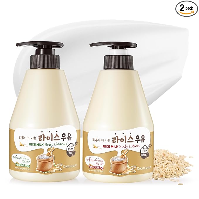 Kwailnara Rice Milk Body Wash & Lotion Set (19.75 Oz Each) – 2-Piece Korean Skincare Duo for Radiant & Hydrated Skin | Milk Protein, Royal Jelly & Rice Extract | Paraben-Free