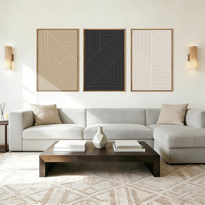 Large Neutral Abstract Wall Art Decor Framed Mid Century Modern Canvas Paintings Artwork for Living Room Bedroom Bathroom 36x24 Inch Set of 3