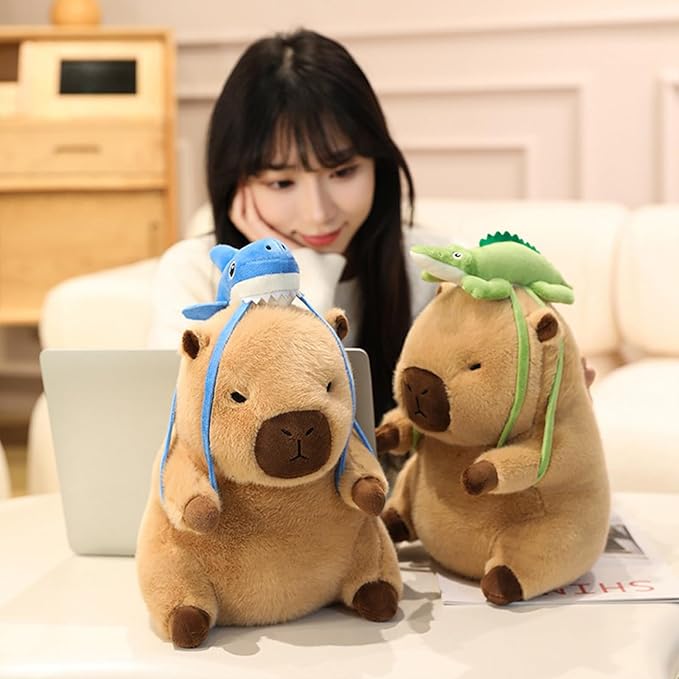 Ditucu Capybara Plush with Shark Backpack 7.8 inch Cute Capibara Stuffed Animal Soft Plushies Toys Gifts for Kids Brown