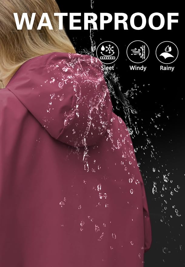 Zando Long Packable Rain Jacket Women Waterproof Raincoat with Hood | Relaxed-Fit Lightweight Windbreaker for Women; Travel Rain Coats for Commute, Hiking, Cruise, and Daily wear