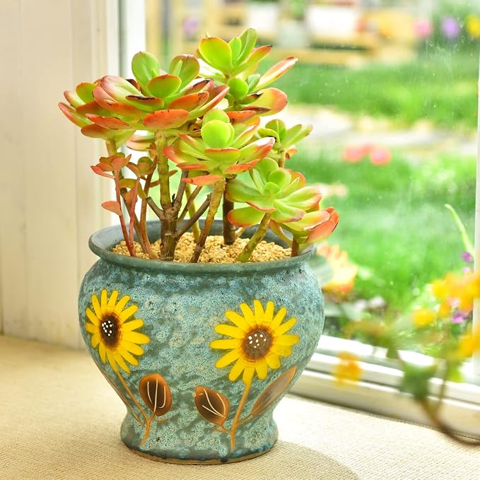 Sungmor 9 Inch Hand Painted Ceramic Succulent Plant Pots - Blue & Daisy | Vintage Decorative Pottery Planters for Indoor Outdoor Plants, Table Centerpieces & Flower Arrangement Home Decor