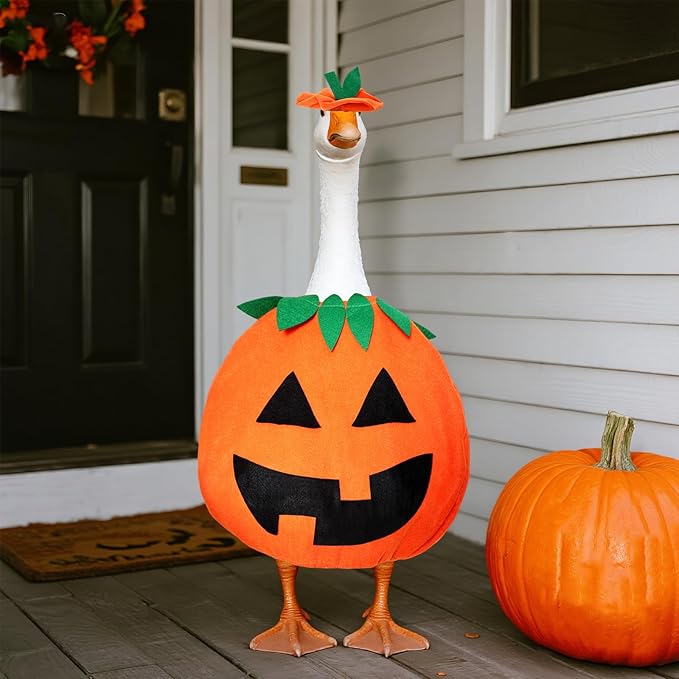 2 Pcs Halloween Porch Goose Outfits Pumpkin Goose Costume for Cement Plastic Duck Halloween Outdoor Patio Yard Lawn Statueart Decor