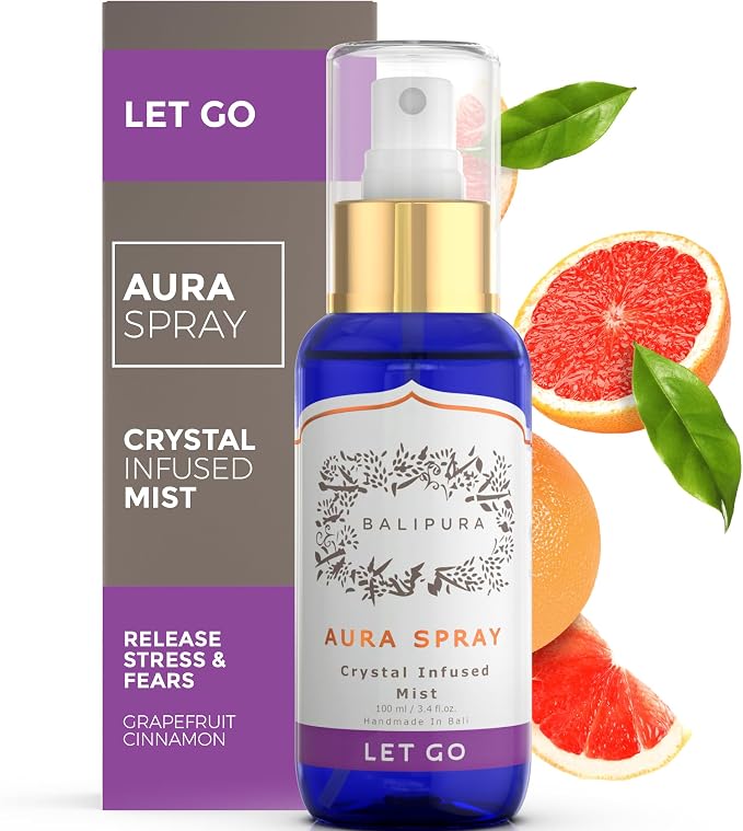 Let Go Aura Crystal Spray with Amethyst Sodalite Clear Quartz Palo Santo Crystals Pure Organic Cinnamon Grapefruit Handmade in Bali - 3.4 fl.oz