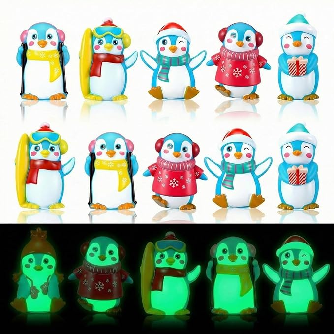 Realspring 36 Pcs Rubber Penguin Valentines for Class Bulk Glow in The Dark Winter Penguin Bath Toy Floating Rubber Animals Cute Cake Topper Gifts for Kids Classroom, Home Car Dashboard Decor (Blue)