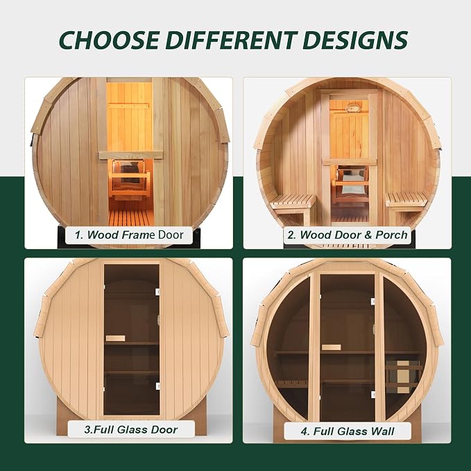 Smartmak Customized Outdoor Barrel Steam Sauna, 2-10 Person Canadian Hemlock/Red Cedar Traditional Wood Sauna Room with 220V ETL-Certified Heater, Backrest Headrest, Rocks, Light Accessories Included