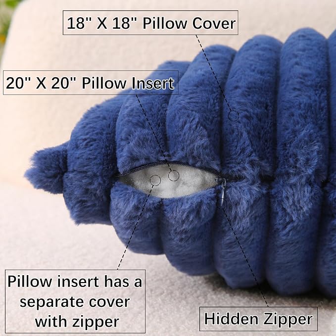 Decorative Throw Pillow with Inserts, Set of 2 Soft Faux Fur Throw Pillows, Square Boho Striped Pillow for Couch, Bed, Sofa Decor (Blue, 18" x 18"(Pack of 2))