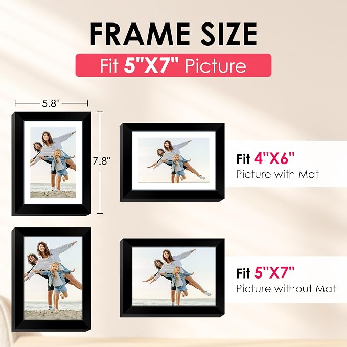 5x7 Picture Frame, Black Photo Frame with HD Plexiglass, Display Pictures 4x6 with Mat or 5x7 Without Mat Multi Picture Frames Collage for Tabletop or Wall Display, 2 Pack