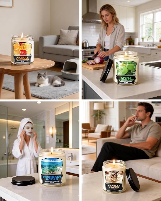 AOOVOO Citrus Lemon Odor Eliminating Candle - 9 oz Non Toxic Highly Fragranced Air Freshing Soy Candle, Eliminates 95% of Smoke, Pet, Food, and Other Smells Quickly, Up to 50 Hours Burn time