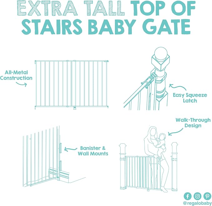 Regalo Safety 35" Extra Tall Baby Gate for Stairs, Wall Mounted 2-in-1 Wide Stair Gate for Babies, Toddlers, & Pets, Includes Banister and Wall Mounting Kit, White