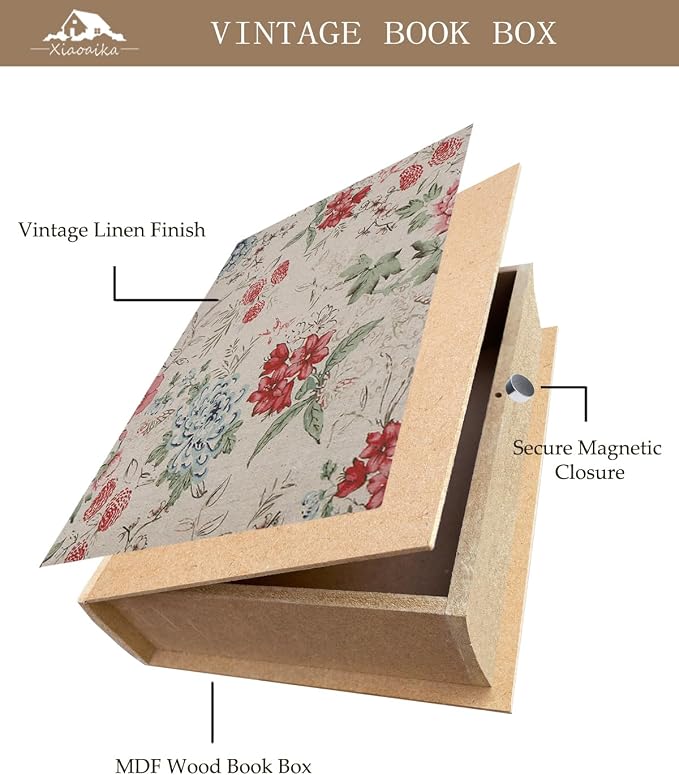 Decorative Wooden Book Box - Vintage Faux Book Boxes for Home Decor, Secret Storage with Magnetic Closure, Antique Style, Floral Linen Cover, Perfect for Home Office Bookshelf, 10x7x1.6 Inches
