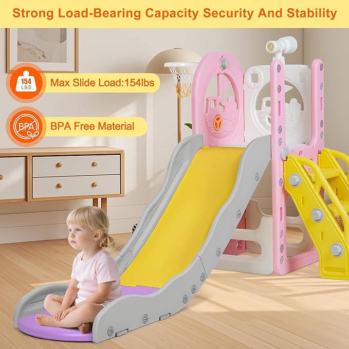 6 in 1 Toddler Playset Toddler Slide and Climber Playset, L-Shaped Kids Slide with Basketball Hoop, Telescope & Storage, Sturdy Indoor Outdoor Playground, for Boys Girls 1-3+