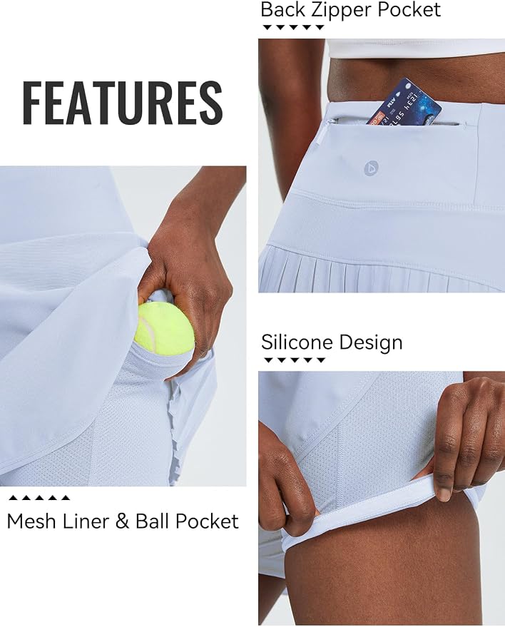 baleaf Tennis Skirt Pleated Golf Skorts with 3 Pockets | 14", Built in Shorts, High Waisted, Anti-slip Strip, Lightweight, for Athletic, Workout, Pickleball, Skorts for Women
