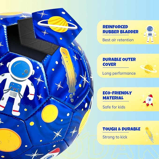 INPODAK Size 3 Soccer Ball for Toddler and Kids, Cartoon Astronaut Blue Ball for Kids 2-8, with Pump, Mesh Bag and Gift Box for Birthdays, Parties and Operation Christmas Child Shoebox