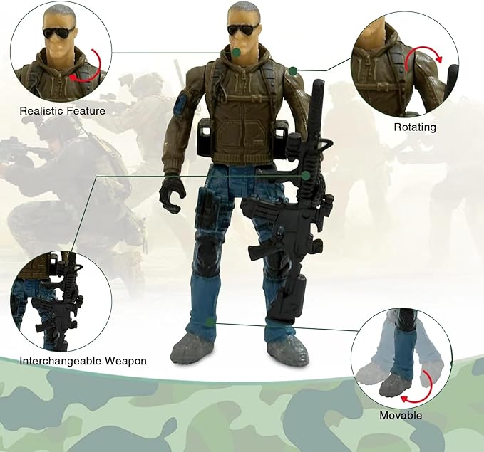 Army Men Action Figures, 6 Pcs Play Set for Kids, US Army and SWAT Team Toy With Military Weapons Accessories, Birthday Gift for Boys Age 4-7 6-8