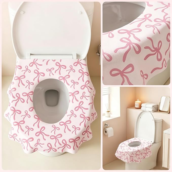 Whaline 30Pcs Pink Bow Disposable Toilet Seat Cover Cute Coquette Bowknot Large Waterproof Potty Training Seat Cover Pad for Kids Adults Traveling Home Hotel Bathroom Restroom