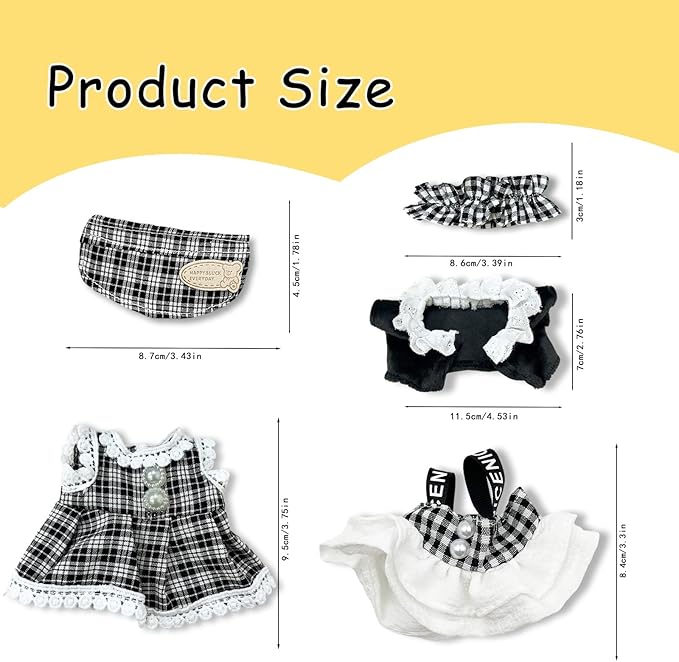 Doll Clothes for Labubu,Cute Outfit for 17cm Doll Clothe 2/3PCS Clothes and Hats Stylish Dolls Clothe for 17 cm Labubu,Casual Style Costumes for Labubu Dolls (Black White Skirt Set)
