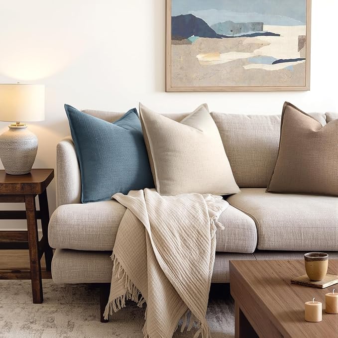 MIULEE Thick Textured Euro Sham Throw Pillow Covers 24x24 Inch Blue | Set of 2, Decorative Linen Blend Pillow Cover, Flange Edge Design, Farmhouse Modern Boho Style, Bed Couch Living Room Decor
