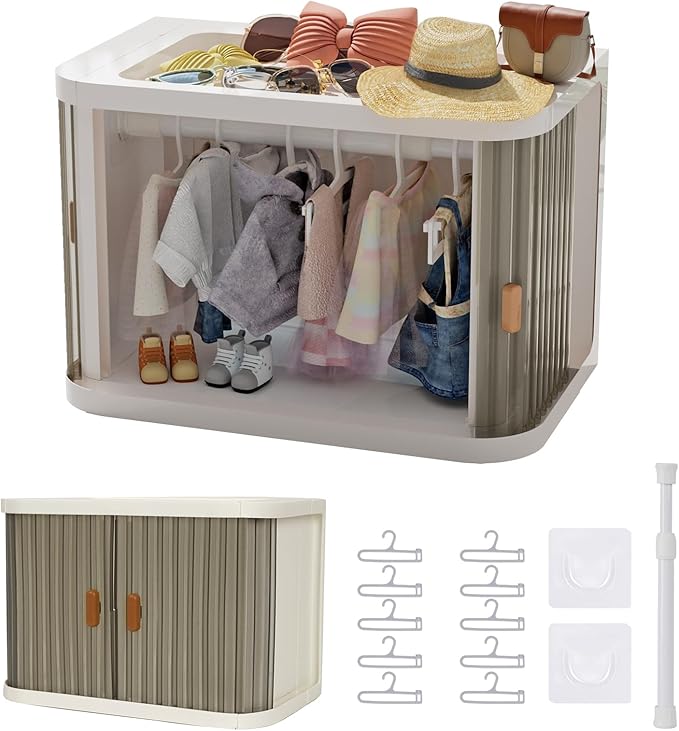 Creproly Doll Wardrobe Storage Box, Foldable Doll Closet with 10 Hangers and Rod for 15/17cm Doll Clothes Stackable Organizer Cabinet with Dust-Resistant Cover and Display Shelf (Transparent Grey)