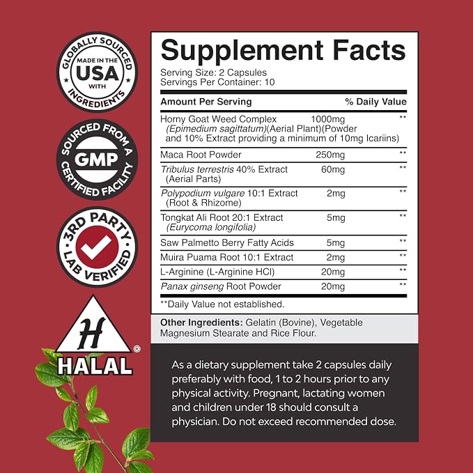 Horny Goat Weed for Male Enhancement - Testosterone Booster Supplement for Men - 1000mg per serving Complex with Tongkat Ali Saw Palmetto Extract & Panax Ginseng - Black Maca Root for Stamina & Energy