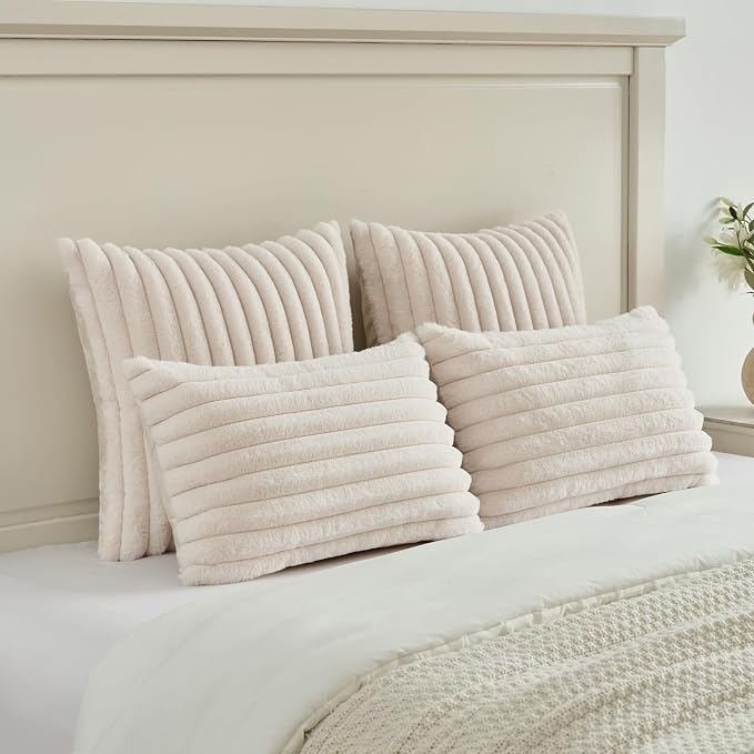 FUTEI Pack of 2 Faux Fur Throw Pillow Covers 22x22 Inch, Light Beige | Fluffy Faux Rabbit Fur Front/Premium Velvet Back,Hidden Zipper,Machine Washable,Non-Shedding,Colorfast,Insert Not Included.
