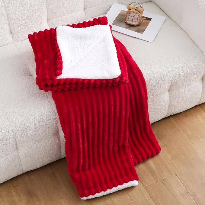 Red Sherpa Fleece Throw Blanket 60”×80”for Couch Sofa Bed | Double Side Soft Fuzzy Cozy Plush Thick Flannel Blanket with Striped Design Gift for Adults,Woman