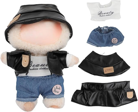 17 cm Doll Clothes - Premium Doll Outfit with Accessories - Fur Hat + Leather Pants + Printed T-Shirt + Denim (Style C)