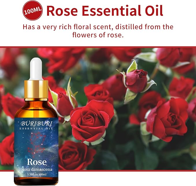 BURIBURI Rose Essential Oil 100ML Gifts Set 100% Pure Natural Undiluted Aromatherapy Rose Oil 3.38fl.oz for Soap, Candle Making, Massage, Diffuser, Humidifier