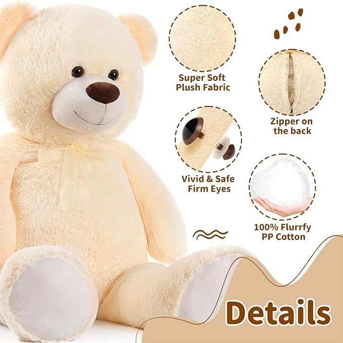 MorisMos Giant Teddy Bear Stuffed Animal 4 Ft,51'' Big Stuffed Bear for Girlfriend Boyfriend Wife Mother Fiancée Valentine's Gift,Large Bear Plush for Kid Christmas Birthday Baby Shower,Beige