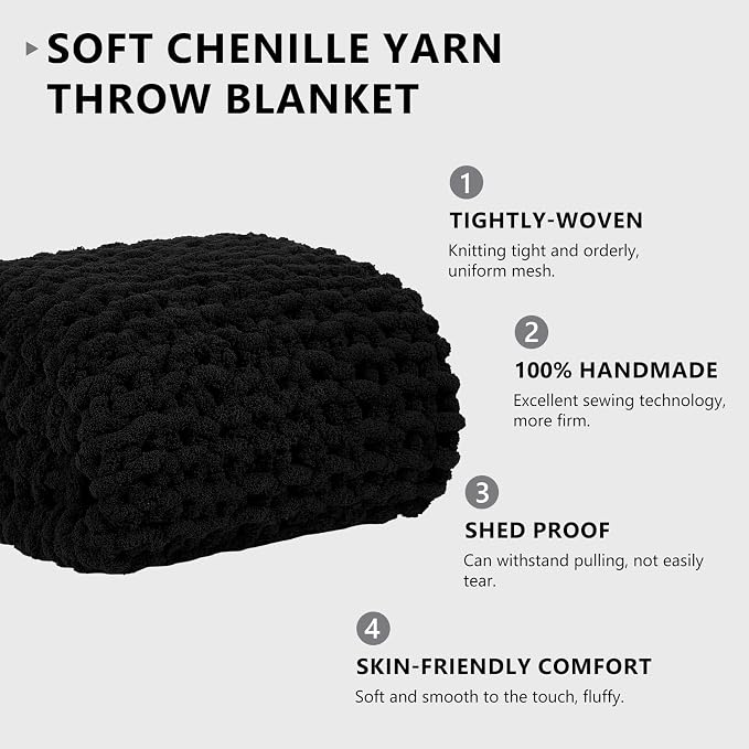 L'AGRATY Chunky Knit Throw Blanket for Couch, 50'' x 60'' Knit Throw, Black | Handmade Chenille Crochet Blanket for Sofa Bed, Thick Cable Knitted Blankets for Room Home Decor, Birthday Gift for Women Mom