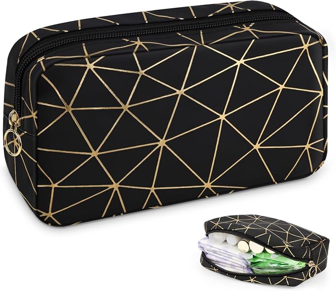 Tampon Holder for Purse Period Bag Waterproof Geometric PU Sanitary Napkin Storage Bag Portable Menstrual Cup Pad Pouch Cute Makeup Bag Feminine Gift Black Gold