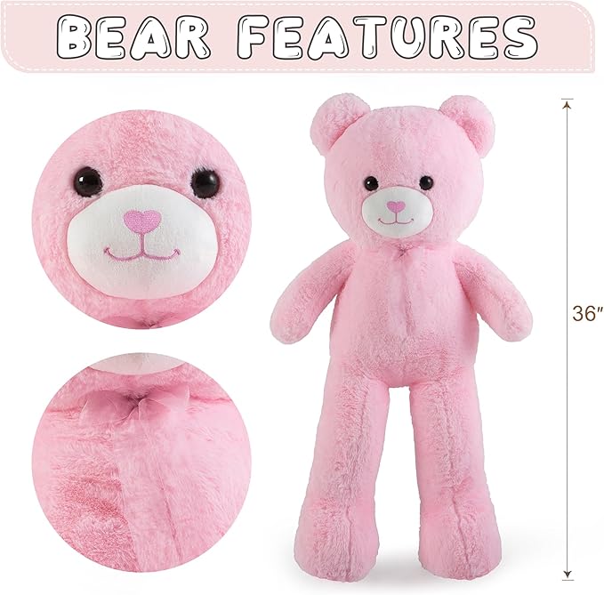 Big Teddy Bear 3 Feet Giant Valentine Stuffed Animal Pink Large Teddy Bear Plush Toy for Girlfriend, Women, Kids