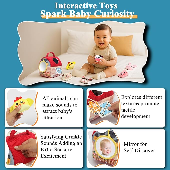 Baby Toys 6-12 Months, Surprise Barn Stuffed Farm Animals with Cloth Books, Rattle, Crinkle, Montessori Sensory Toys for 1-3 Old Infants, Plush Gifts for Boys Girls Valentines Day Birthday Easter