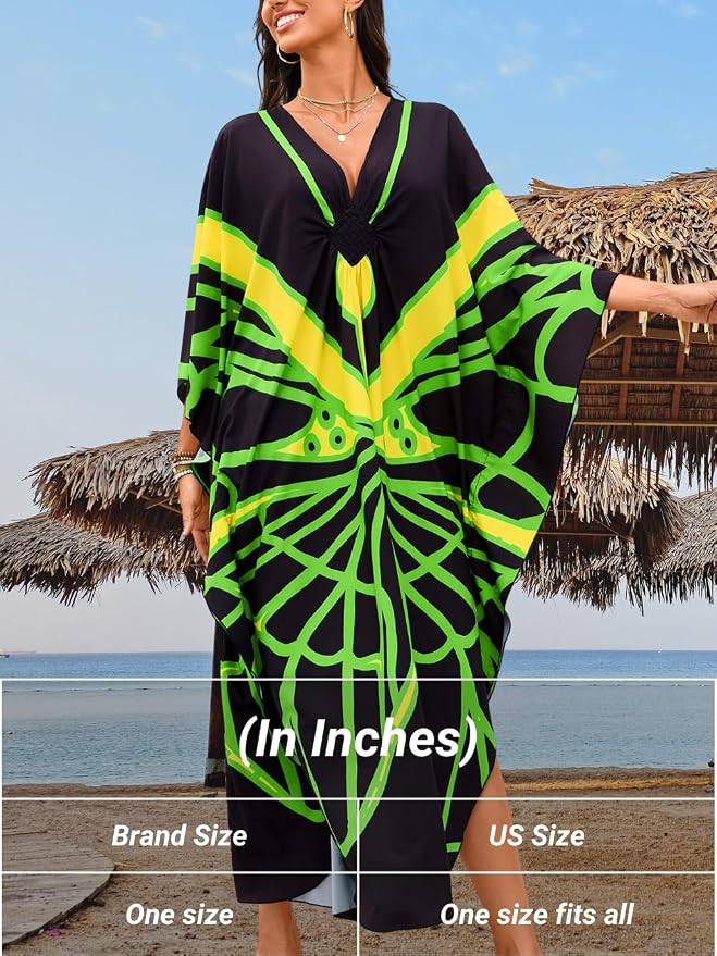 ChiaoLezhee Print Moo-Moos for Women, Kaftan Cover-Up Dresses, Sexy V-Neck High-Slit, Beach Pool-Party Coverups Muumuu Plus