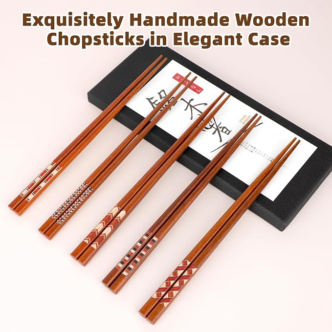 Antner Handmade Japanese Chopsticks Reusable Natural Wooden Chopstick with Box, 5 Pairs Gift Set