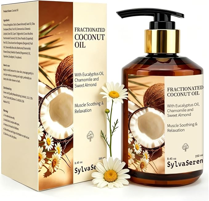 Organic Fractionated Coconut Oil Body Massage Oil with Sweet Almond & Chamomile – Lightweight, Non-Greasy, Relaxing Muscle Massage & Skin Moisturizer, 250 ml / 8.45 oz