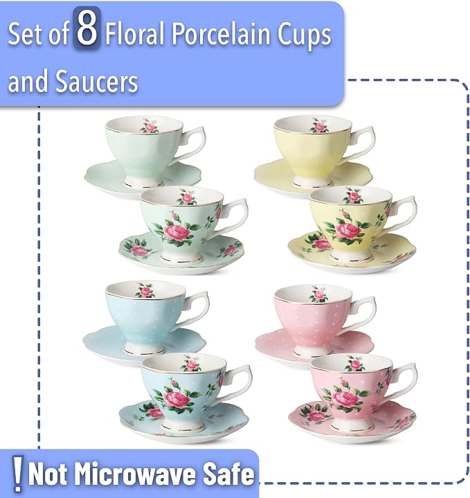 BTaT- Floral Tea Cups and Saucers, Set of 8, 8 oz | Fine Porcelain Teacup Set Gold Trim Afternoon Tea Weddings Parties Gifting Dishwasher Safe Lightweight Non Toxic