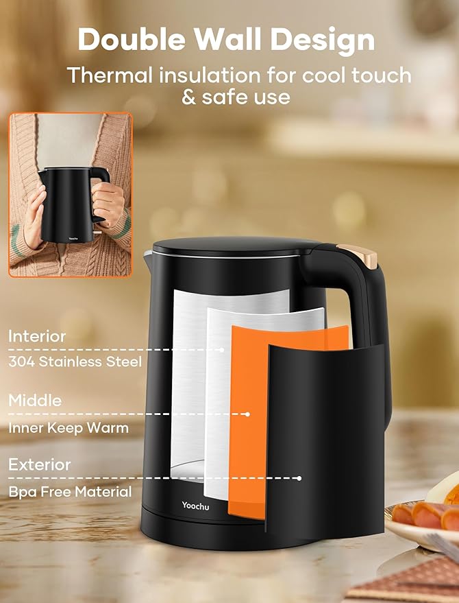 Small Electric Kettle, 0.8L Water Boiler & Heater, 1000W Hot Tea Pot, Double Wall Stainless Steel Cool Touch, Mini Coffee Kettle with Auto Shut Off & Boil Dry Protection, BPA-Free, Black