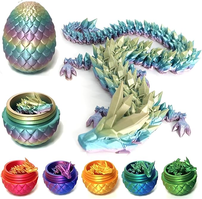 Pigmiss 2Packs 3D Printed Dragon Egg Crystal Dragon Fidget Toy Full Articulated Dragon Mystery Dragon Eggs with Dragon Inside Home Office Desk Decor Gifts Toys (Purple+Rainbow)