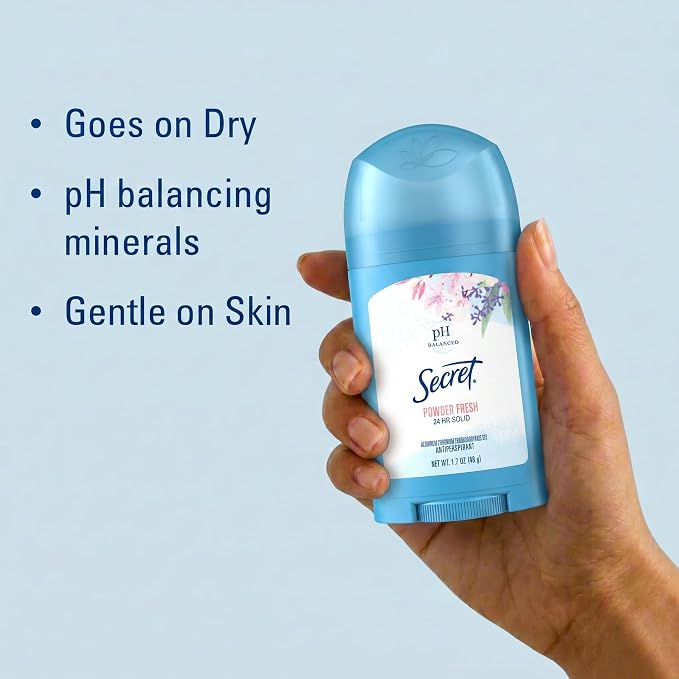 Secret Antiperspirant and Deodorant for Women, 24hr Sweat & Odor Protection, PH Balanced Protection, Gentle on Skin, Wide Solid, Travel Size, Powder Fresh Scent, 1.7 oz