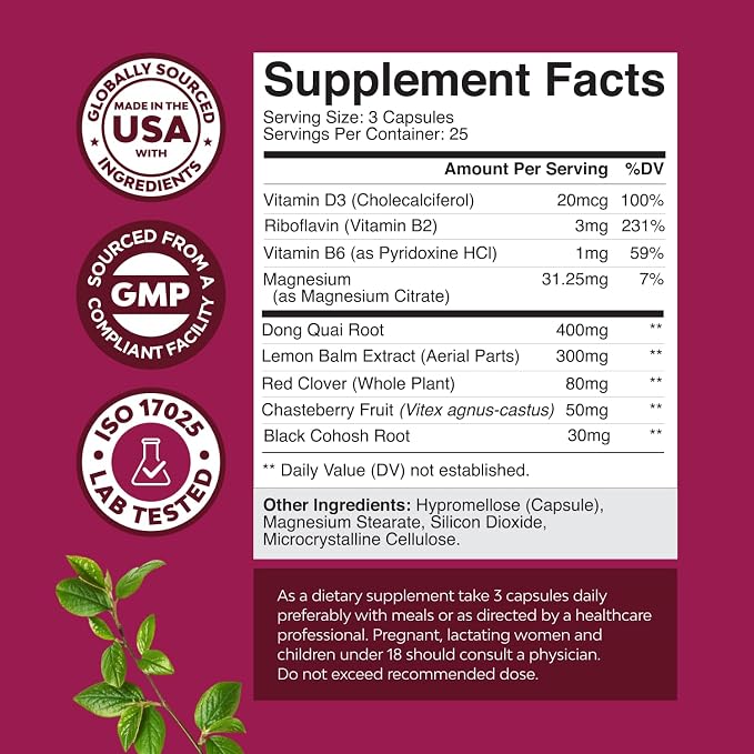 Complete Herbal Menopause Supplement for Women - Soy Free Female Hormone Balance Capsules for Night Sweats Hot Flashes & Mood Swings with Dong Quai, Chaste Berry & Black Cohosh Root - 75 Count