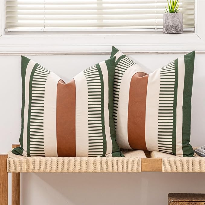 2 Pack 20x20 Pillow Covers - Brown Faux Leather & Olive Green Striped Soft Cotton, Same Pattern Both Sides | for Couch Sofa Bed, Farmhouse Industrial Decor