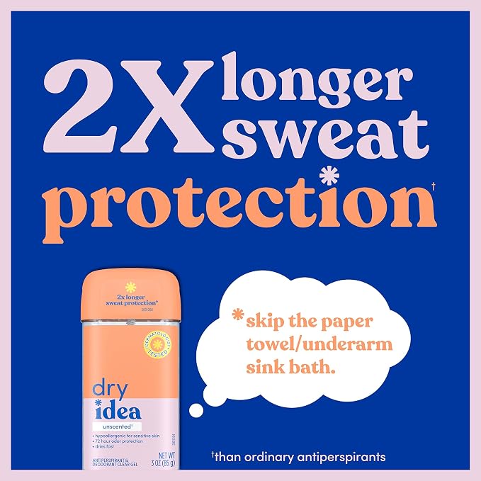 Dry Idea Gel Deodorant & Antiperspirant for Women - Hypoallergenic for Sensitive Skin, 2X Longer Sweat Protection*, 72Hr Odor Protection, Unscented, Womens Deodorant, 3 oz (Pack of 6)