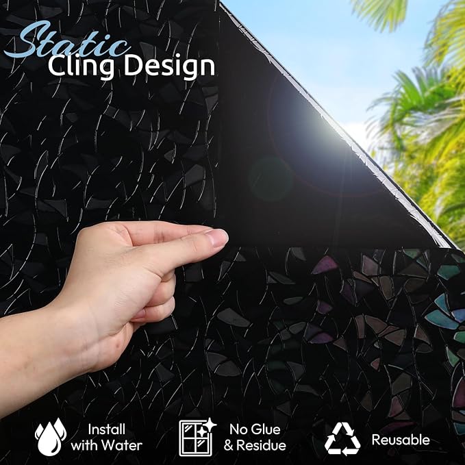 rabbitgoo Rainbow Window Privacy Film, Stained Cling, Black, 23.6" x 157.4" | Decorative Static Sticker, Non-Adhesive Reusable Window Tint, Heat Control UV Blocking Coverings for Home Doors, Living Room