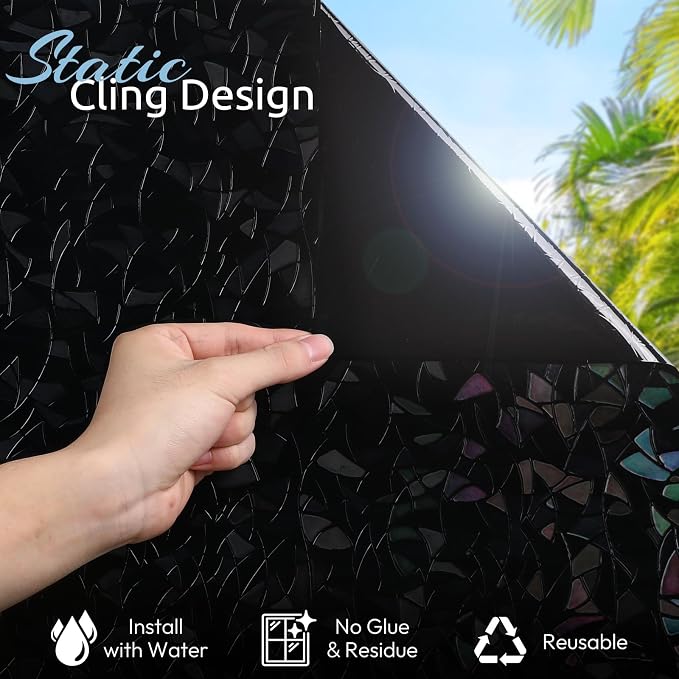 rabbitgoo Rainbow Window Privacy Film, Stained Cling, Black, 29.5" x 118.1" | Decorative Static Sticker, Non-Adhesive Reusable Window Tint, Heat Control UV Blocking Coverings for Home Doors, Living Room