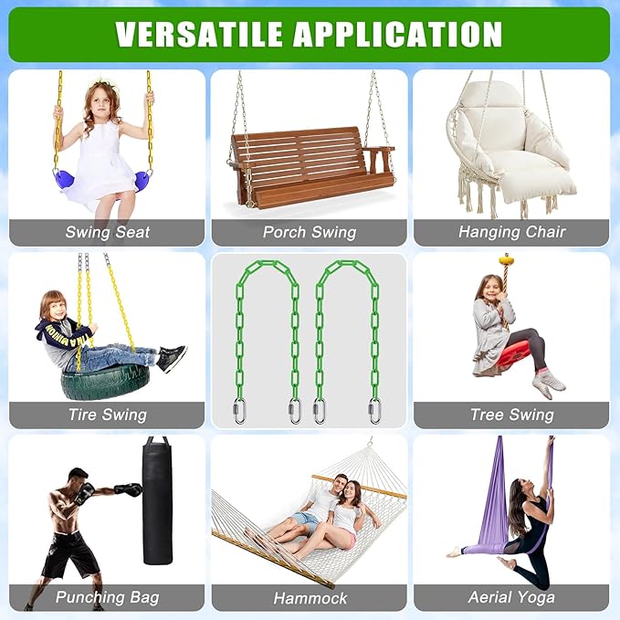 SELEWARE 2 Pack 80 Inch Hanging Swing Chain with 4 Carabiners, 1000LB Capacity Plastic Coated Hanging Chains, Hammock Hardware Kit for Swing, Hanging Chair, Punching Bags, Indoor Outdoor Gym (Green)