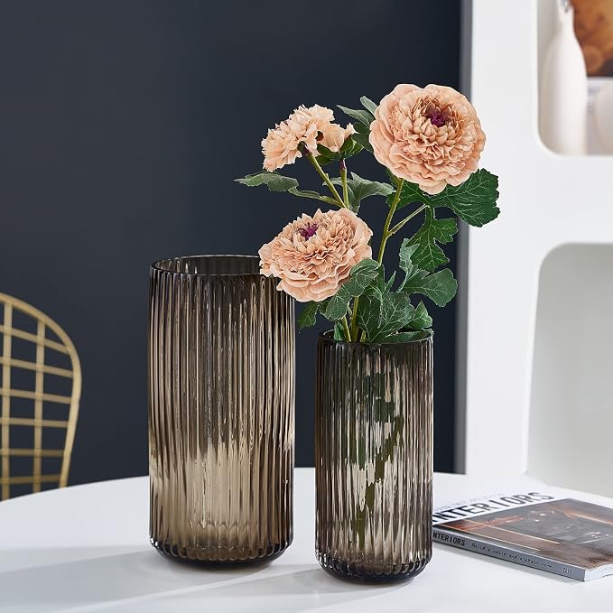 Flower Vase 10 inch Amber Thickened Hand Blow Glass Vase Round Vintage Striped Bottles for Bookshelf,Dinner Table,Indoor Office Desktop,Meeting Room,Bathroom,Home