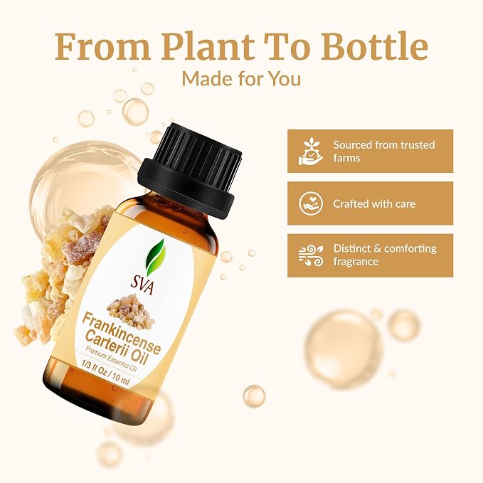 SVA Frankincense Essential Oil – 1/3 Fl Oz – for Diffuser, Skin & Hair Care – Ideal for Massage & DIY Blends – with Dropper